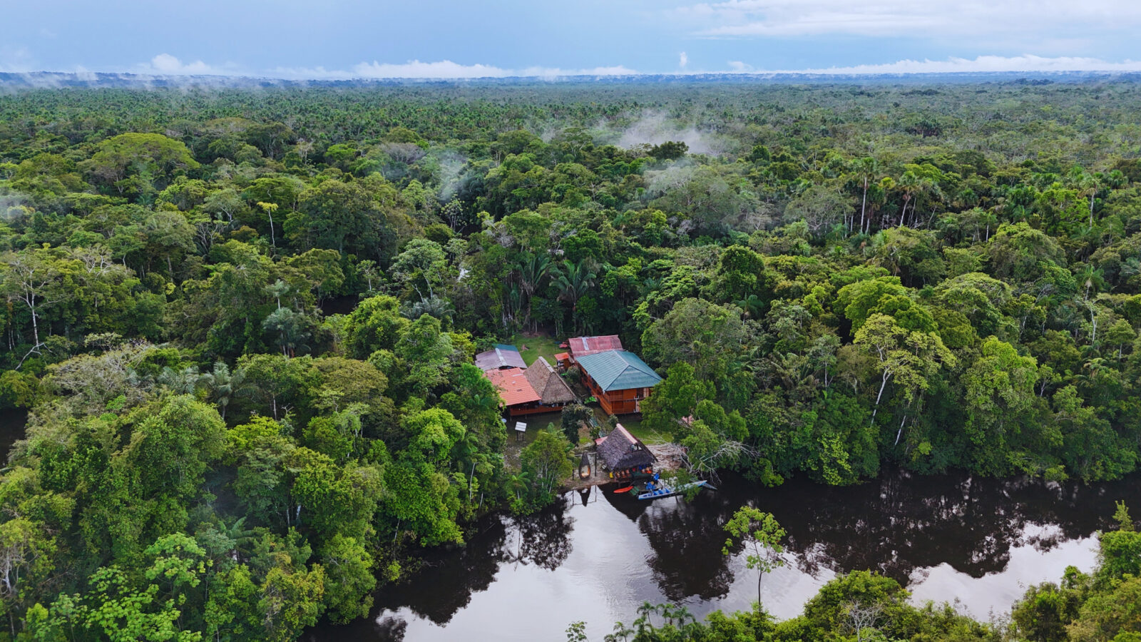Aerial view of Cuyabeno Dolphin Lodge deep in the Amazon rainforest