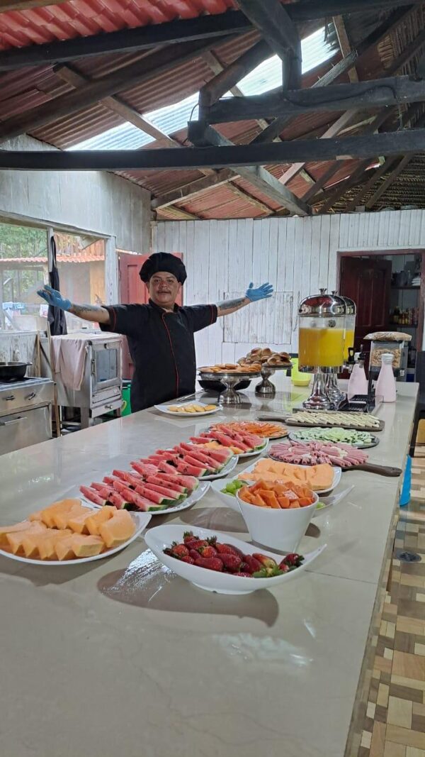 The lodge chef preparing the buffet at Cuyabeno Dolphin Lodge