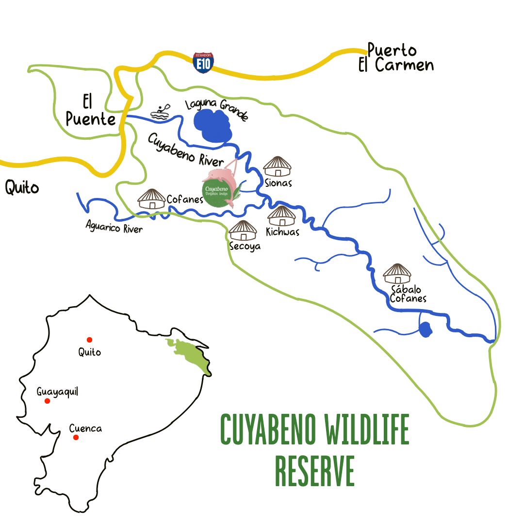Illustrated map of the Cuyabeno Wildlife Reserve showing the location of Cuyabeno Dolphin Lodge, the Laguna Grande, El Puente and the indigenous communities