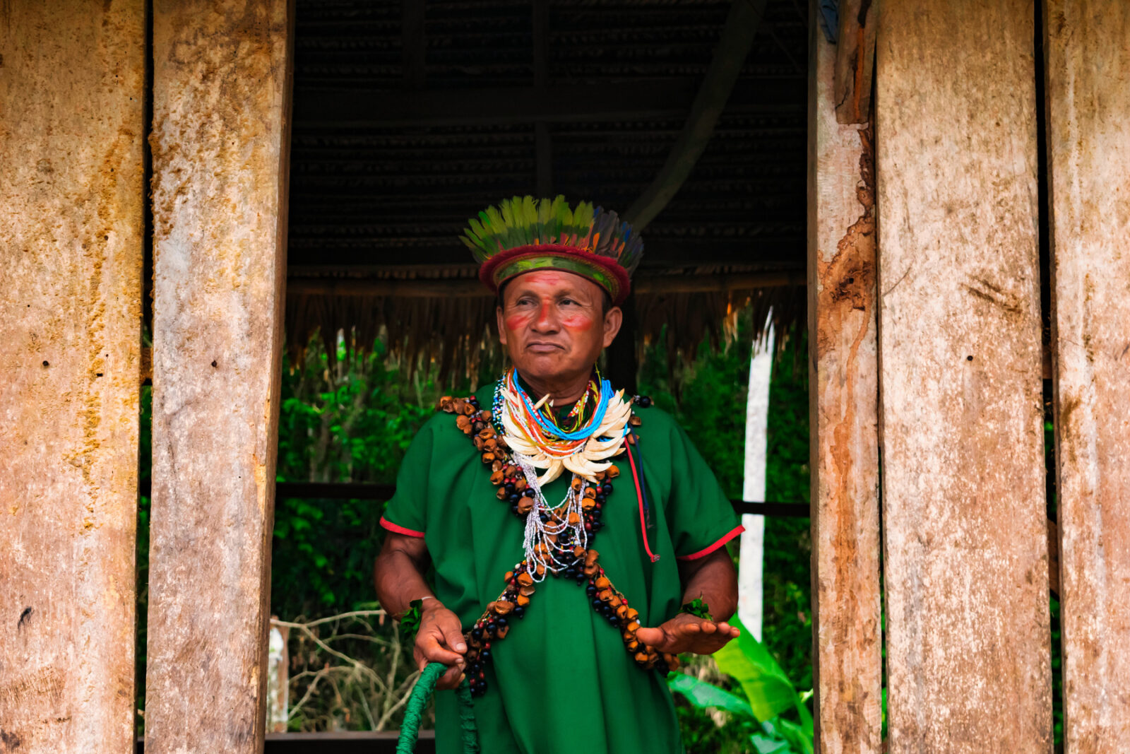 Siona shaman sharing ancestral knowledge in his community, Cuyabeno