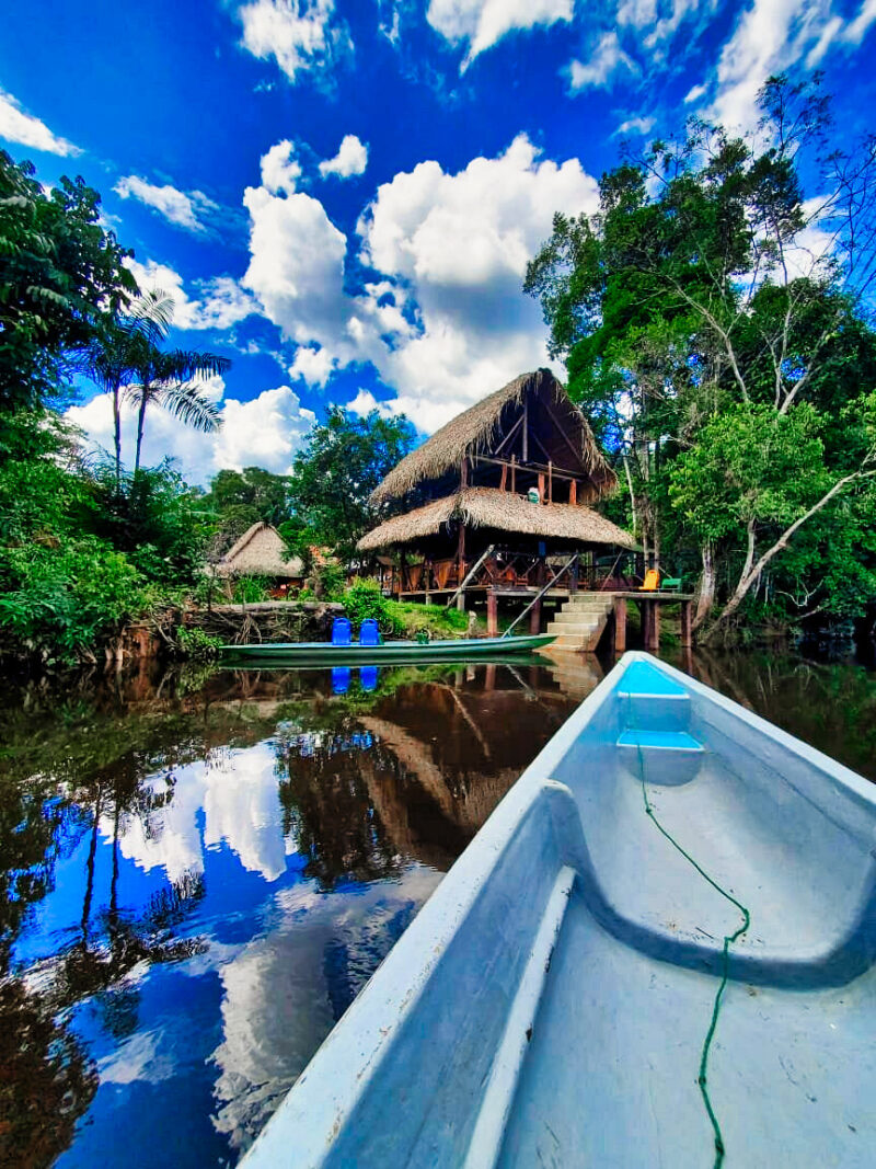Traditional canoe at the Cuyabeno Dolphin Lodge pier